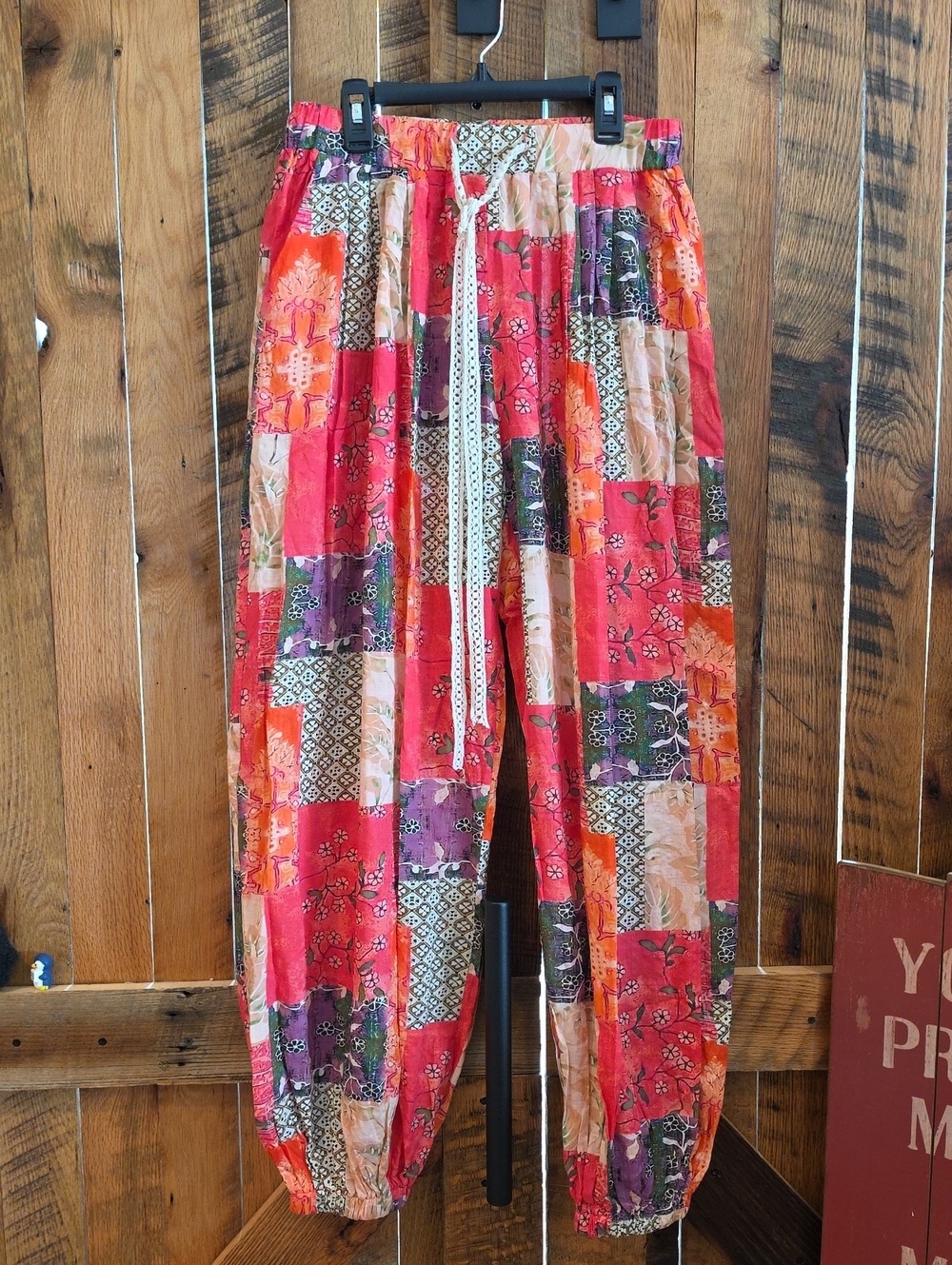 119p POL Patchwork Drawstring Joggers - Red Multi